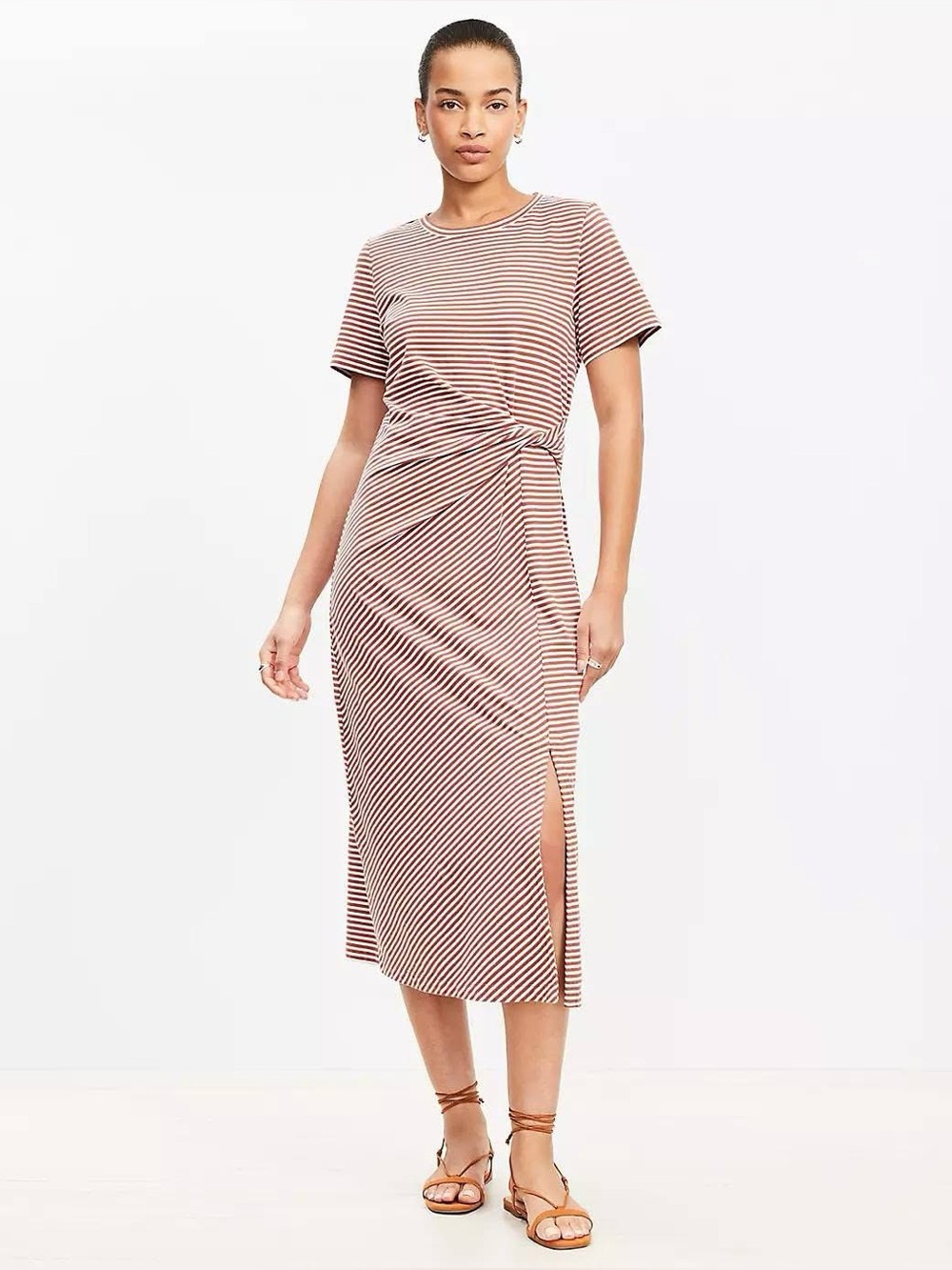 LOFT Brown and White Striped Knot-Front Midi Dress